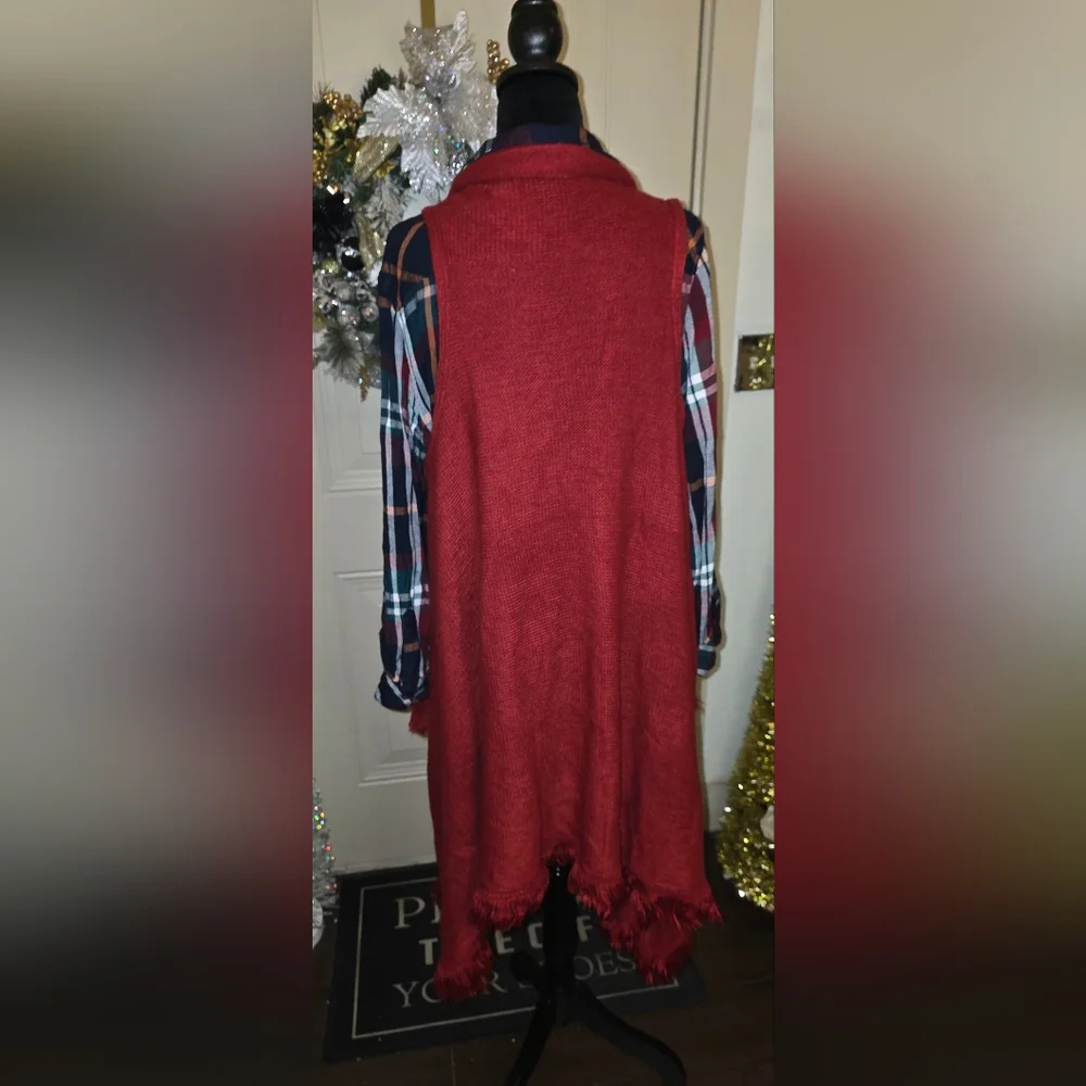 2 Piece Western BOHO 100% Rayon Plaid Top, Fringe Sweater Vest Sz 26/28